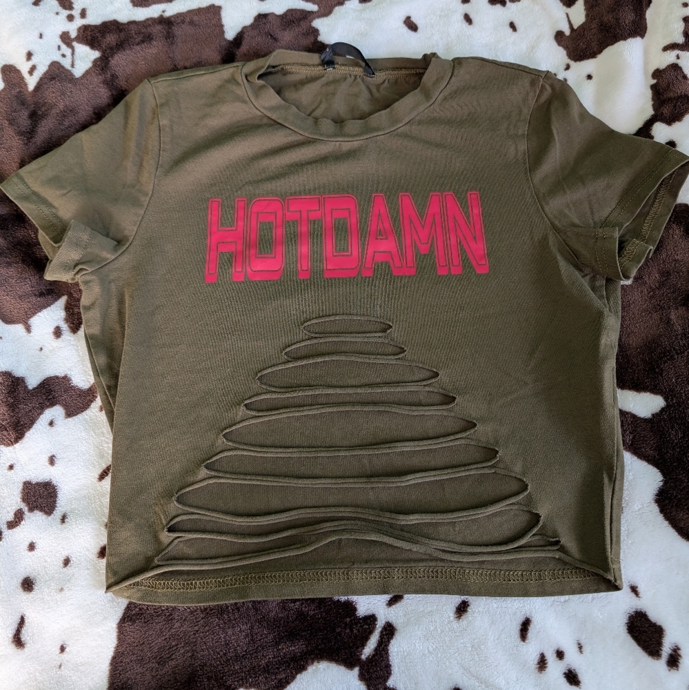 HOT DAMN Olive Distressed Graphic Tee